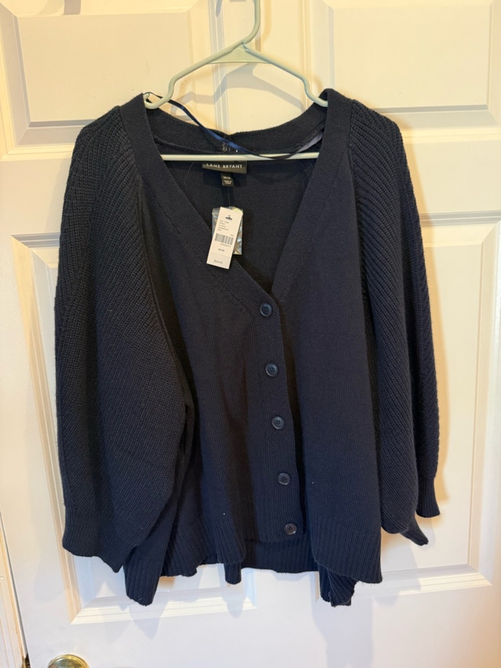 Lane Bryant Navy V-Neck Button Front Sweater Cardigan with Balloon 3/4 Sleeves
